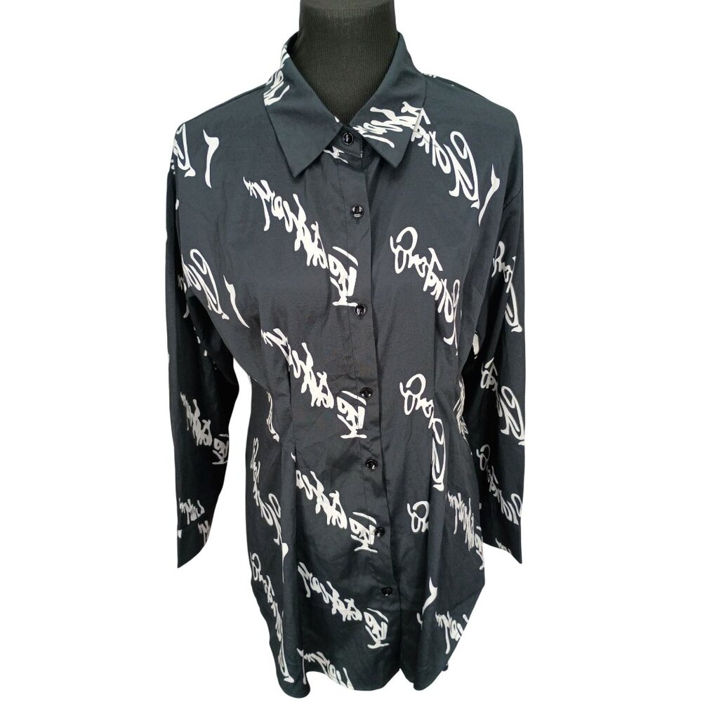 WOWO Womens Fashion Black & White Button-Up‎ Shirt With Graphic Print XL